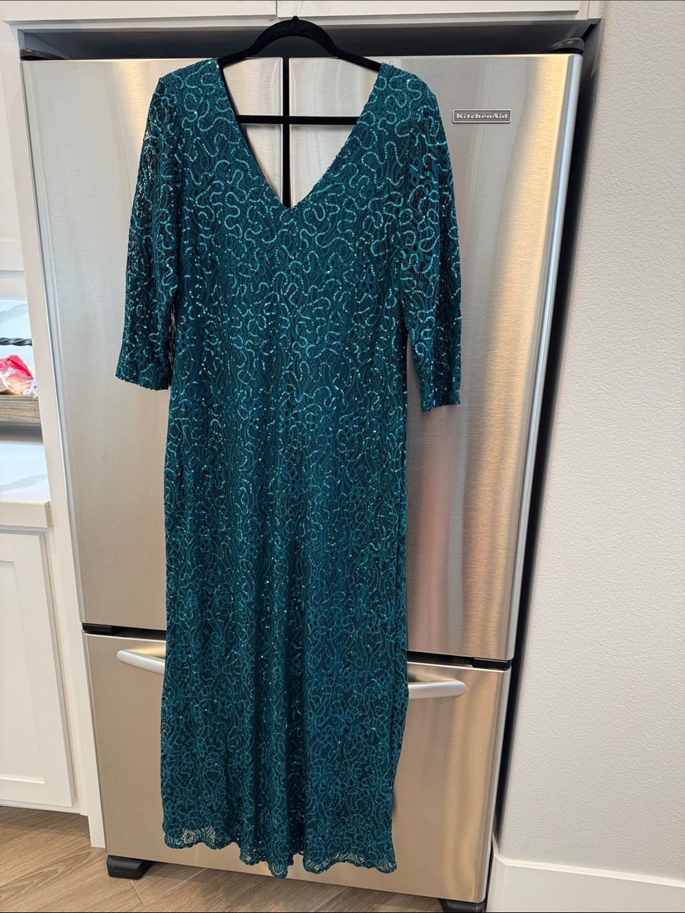 MARINA Teal V-Neck sequin lace Dress 16W